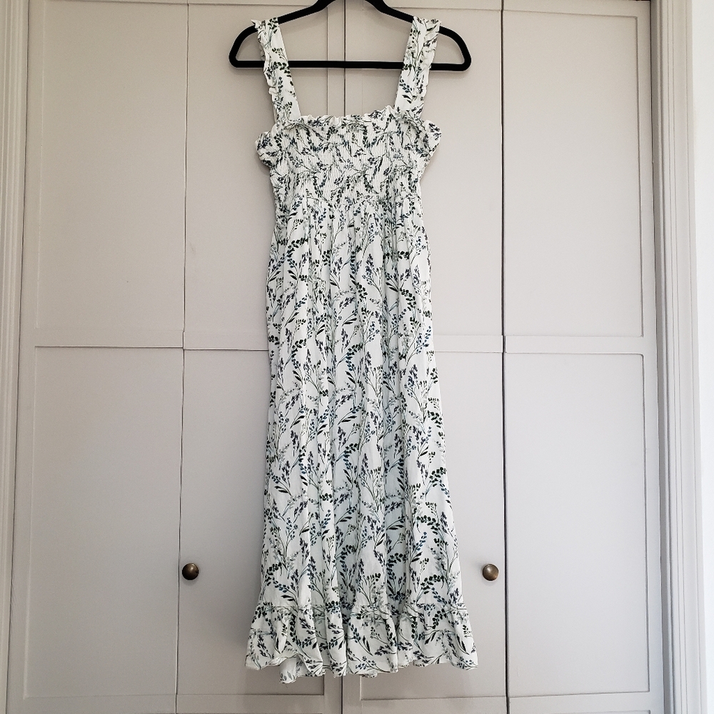 Zara White Midi Dress with Green Leaf Print